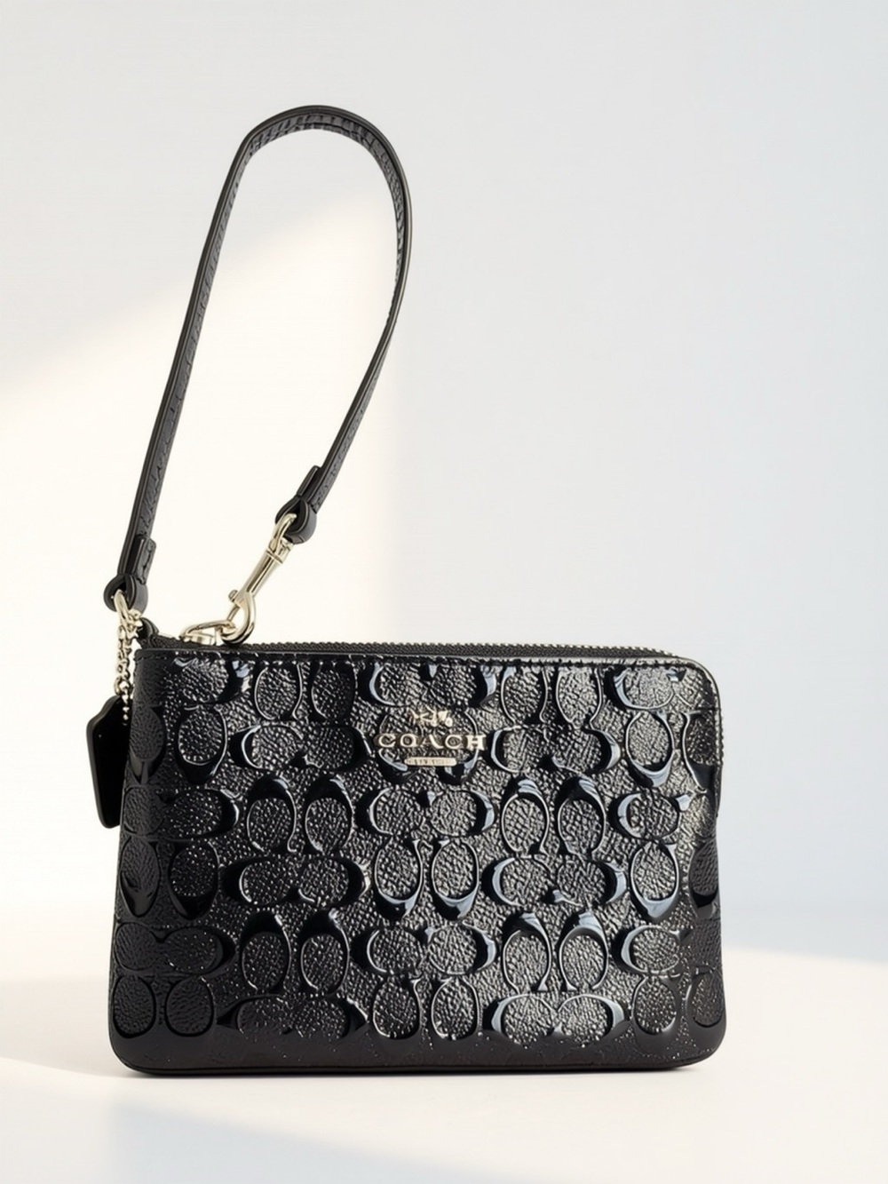 Coach Black Signature Patent Leather Corner Zip Wristlet Gold Hardware